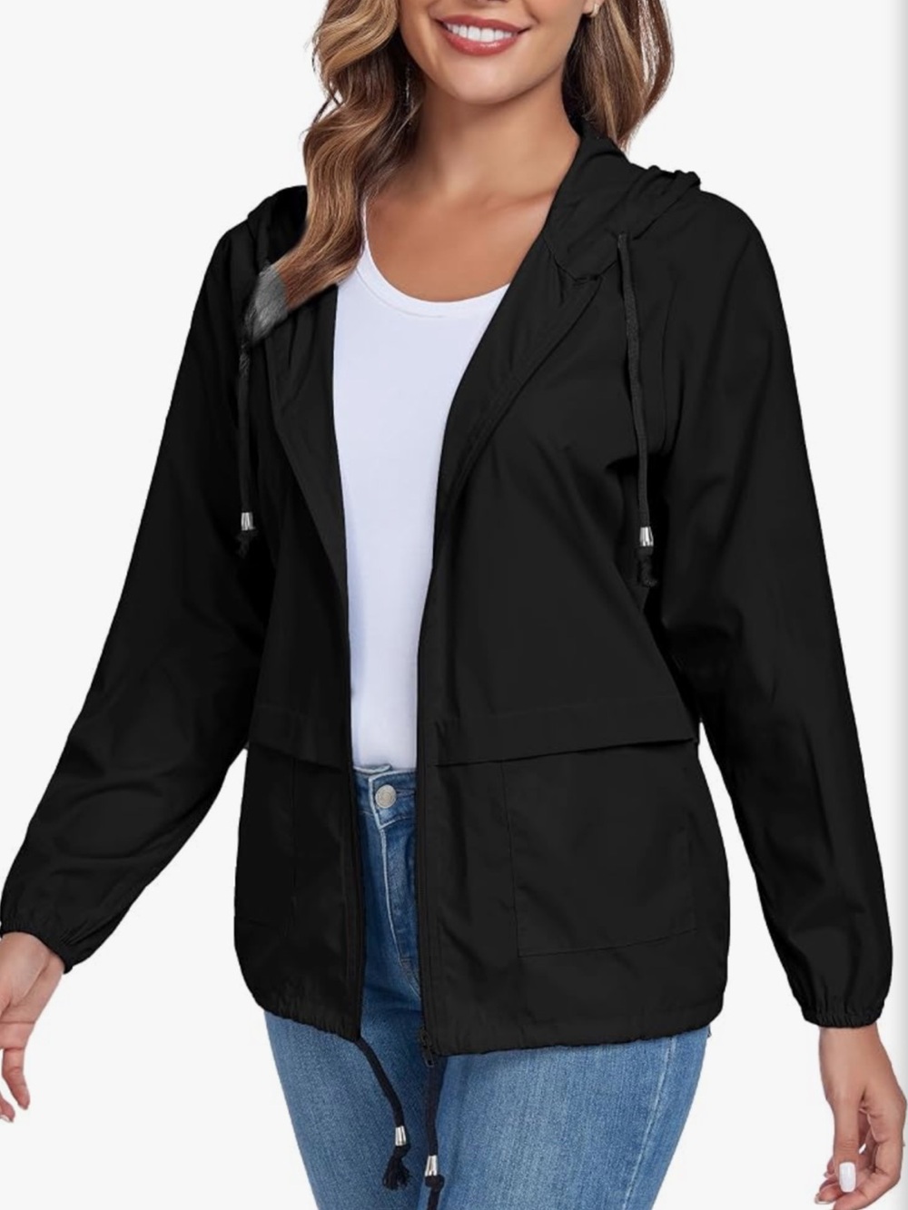 NWOT Woman’s Lightweight Black Hooded rain Jacket